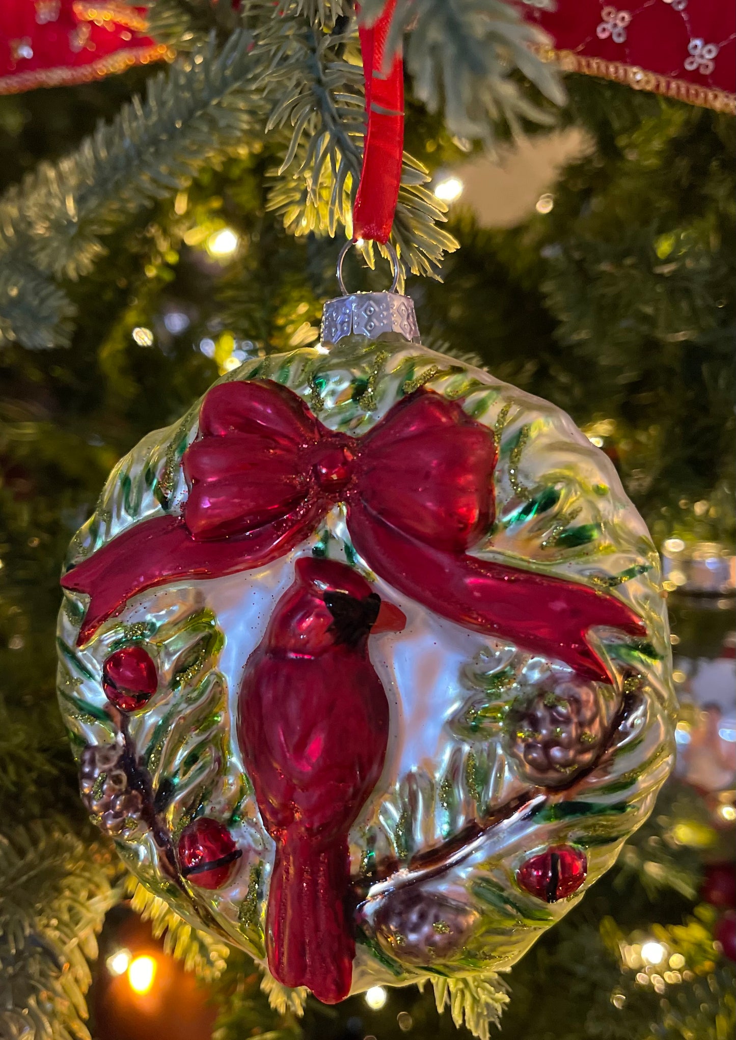 The 2025 Farmersville Historical Society Holiday Fundraiser Ornament Blown Glass Red Cardinal